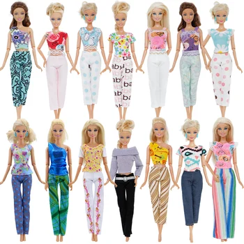 

Random 10 Pcs = 5x Blouse + 5x Bottoms Trousers Pants Lady Outfits Girl Daily Wear Dollhouse Accessories Clothes For Barbie Doll