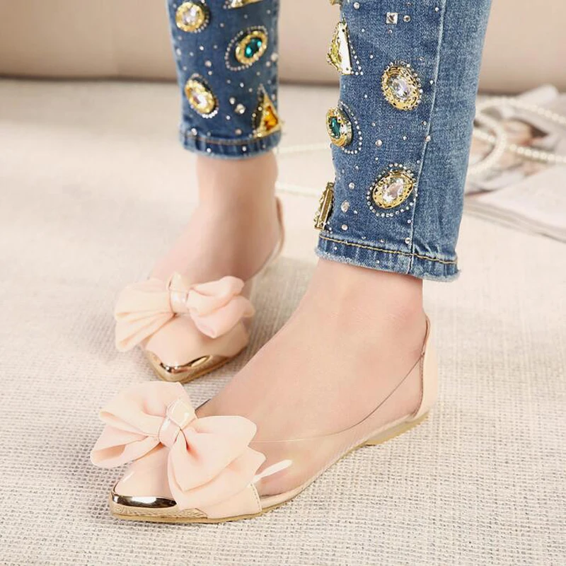 

Summer Comfortable Women Flats Shoes Butterfly Knot Pointed Toe Shoes Ladies Transparent Metal Sweet Slip On Shoes For Woman