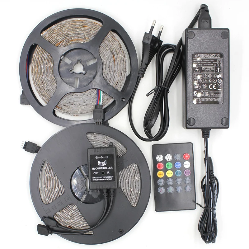 

10 meter Music Controller RGB SMD3528 LED strip Kits waterproof 60leds/m 12V input sound sensor flexible strip with adapter