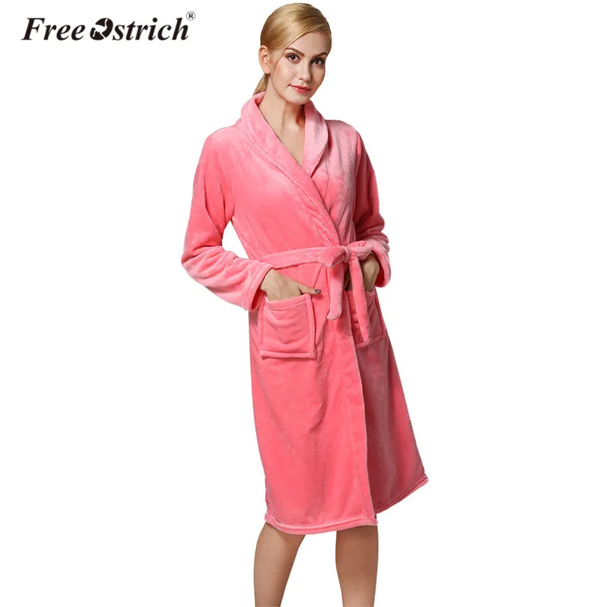

Free Ostrich Winter Warm Coat Women Long Sleeve Sashes Pockets Flannel Long Loungewear Coat Elegant Sleepwear Tops Female D45