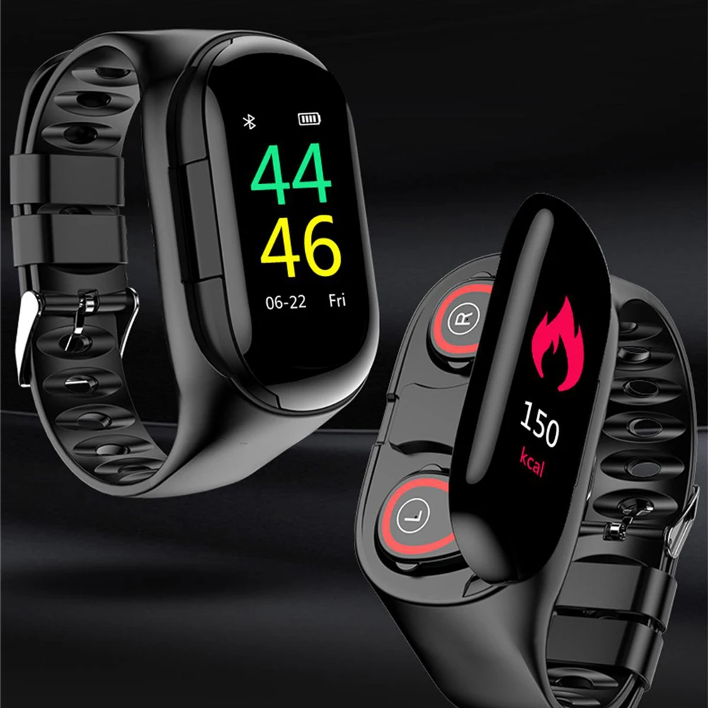 

M1 color screen smart bracelet Bluetooth headset 2 in 1 wristband sleep heart rate blood pressure monitor with music headphones