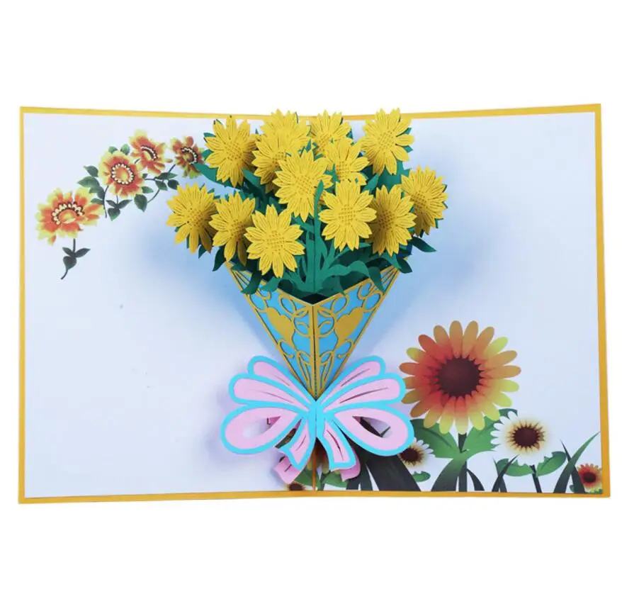  10pcs Sunflower Bouquet Handmade Kirigami Origami 3D Pop UP Greeting Cards Invitation card For Wedd - 32863845050