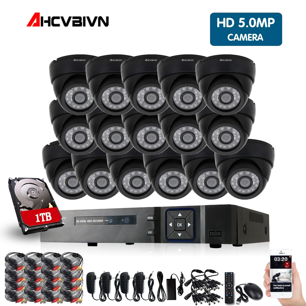 16ch Full hd 5mp комплект видеонаблюдения DVR H.265 видео рекордер Крытый Черный купол камера безопасности системы Email сигнализация