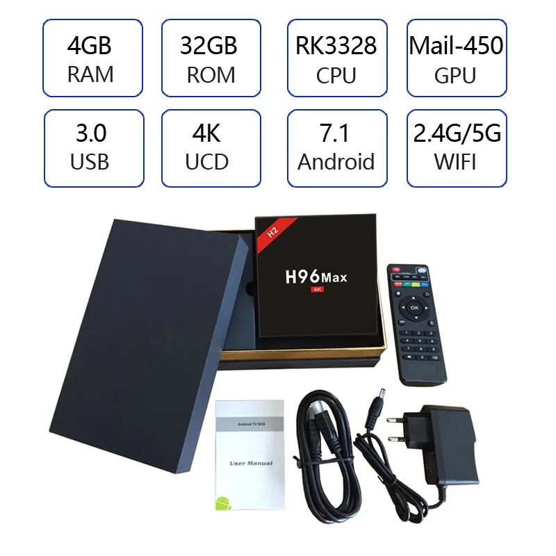 H96 Max H2 Smart Android 7.1 TV Box RK3328 Quad Core 4K VP9 H.265 HDR10 USB3.0 4GB / 64GB Miracast DLNA WiFi LAN HD Media Player