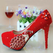 Fashion Women Crystal Applique Rhinestone Beads Red Wedding Party Shoes Lady High Heel Shoes