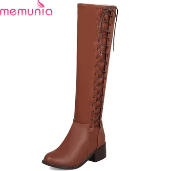 

MEMUNIA 2020 top quality pu knee high boots women round toe autumn winter boots simple zip cross tied square heels shoes woman
