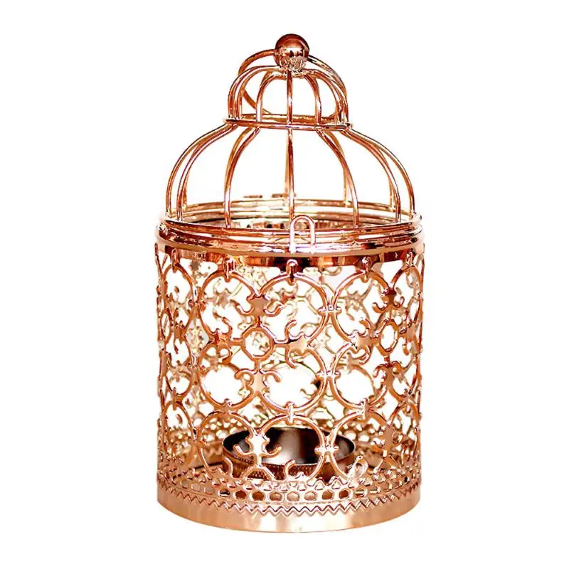 Полый подвесная клетка для птиц подсвечник подставка для свечей фонарь Железный винтажный Свадебный домашний декор - Цвет: 01 Rose Gold