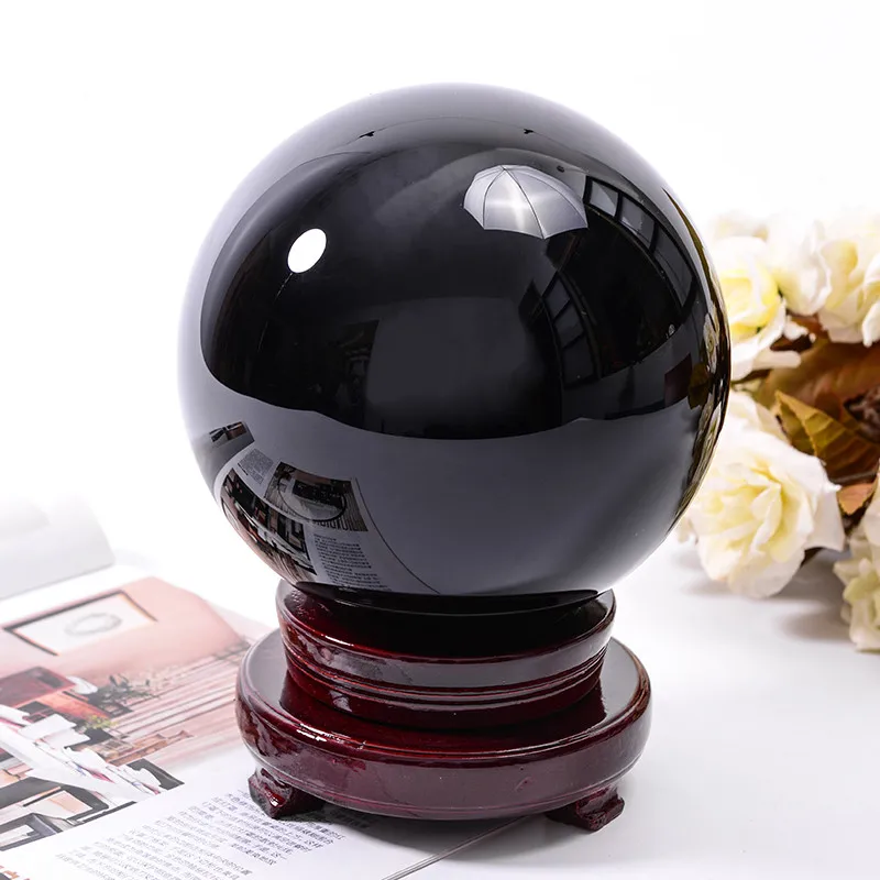 

XINTOU Natural Black Crystal Ball 100mm(3.94inch) Obsidian Divination Meditation Glass Globe with Red Wooden Base Stand Ornament