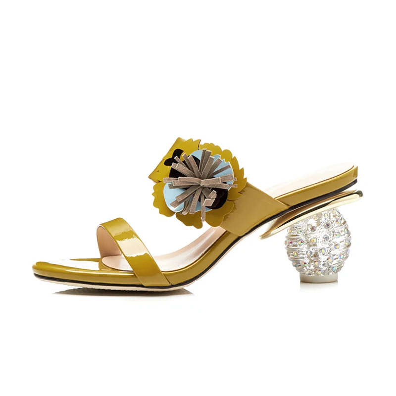 Bout Dames Femmes Ouvert Sur Chaussures Glisser Vache Mode Mules À Talons Pantoufles Haute Wetkiss 2018 Cristal Blanc Cuir En Diapositives jaune Nouveau D'été De Fleurs q7wn6IO