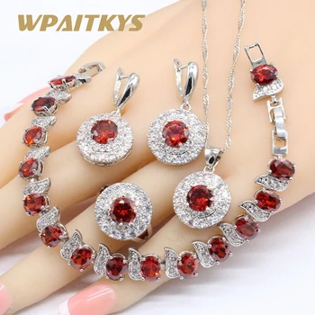 

925 Silver Jewelry Sets For Women Red Zircon Necklace Pendant Earrings Bracelets Ring Gift Box