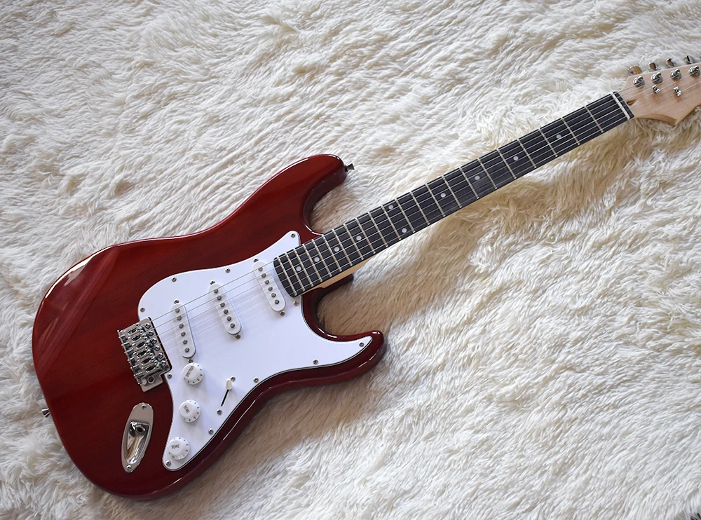 

Factory Custom Red Electric Guitar with Dots Frets Inlay,Chrome Hardware,White Pickguard,High Quality,Can be Customize