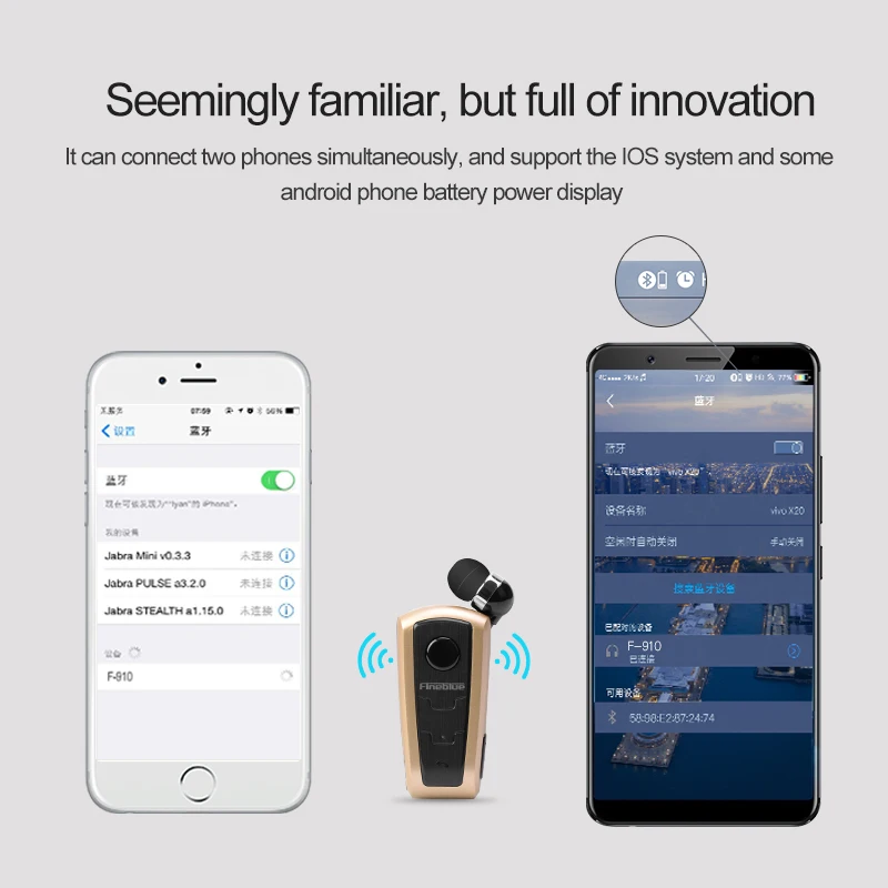 FineBlue F910 беспроводные Bluetooth наушники, портативная гарнитура, выдвижная гарнитура, стерео зажим для наушников, микрофон, телефонный звонок
