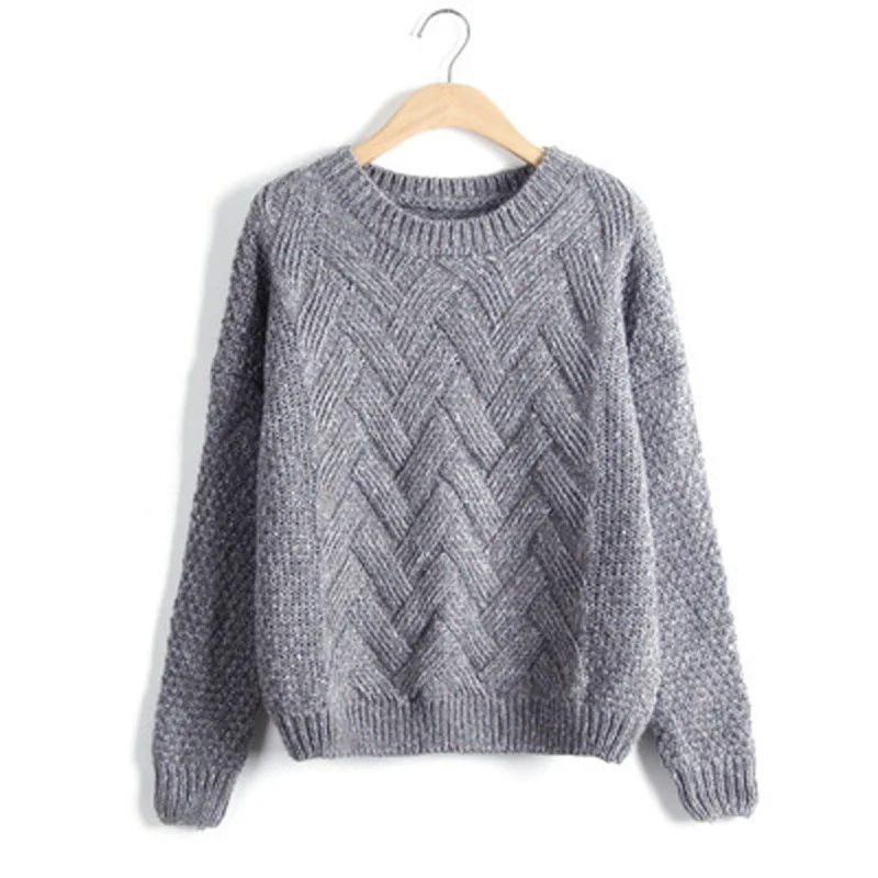Женский осенне-зимний вязаный свитер с длинным рукавом и круглым вырезом, Женский Повседневный пуловер, джемпер, 6 цветов - Цвет: Серый