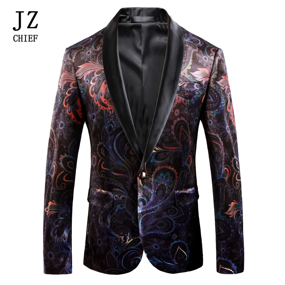 

JZ CHIEF Men Corduroy Jacket Velvet Blazer Man Casual Suit Plus Size Stage Costumes Tuxedo Unique Print Colorful Floral Pattern