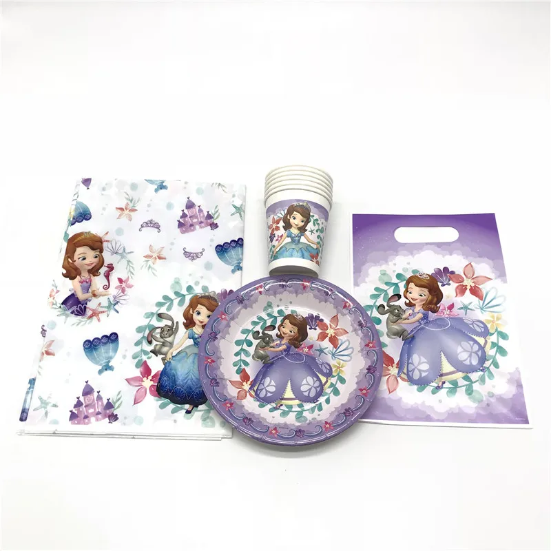

Disney Sofia 37Pcs/Lot Paper Cups+Plates+Gift Bag Baby Shower Girl Favor Birthday Wedding Party Tablecloth Decoration Supply
