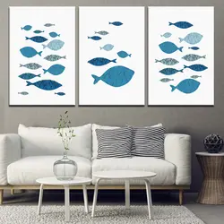 Холст картины синий с рисунком рыбки комплект из 3 предметов Nordic Wall Art Картина модульная обои плакат печати для гостиной домашнего декора