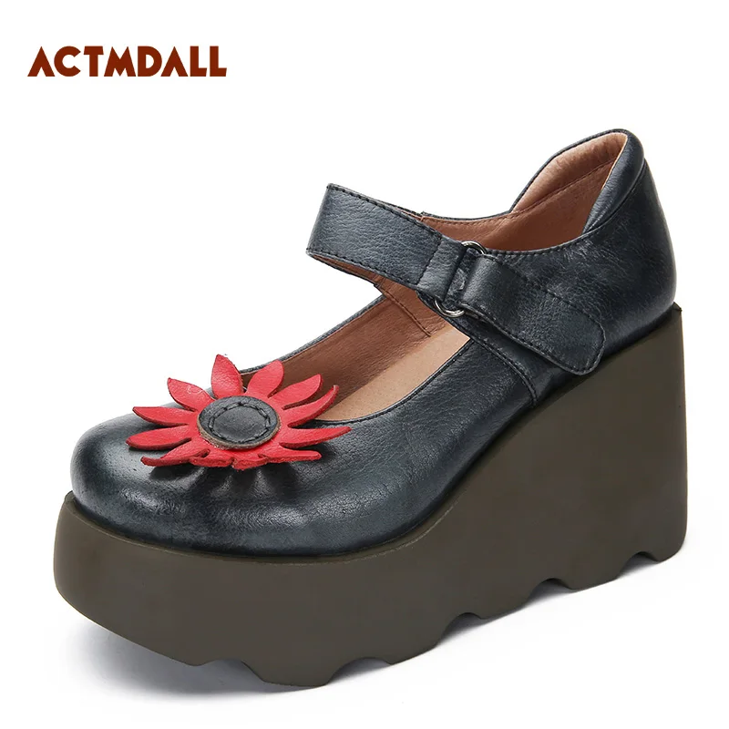 

2019 Handmade High Heels Spring Autumn Wedges Shoes For Women Genuine Leather Shoes Woman Platform