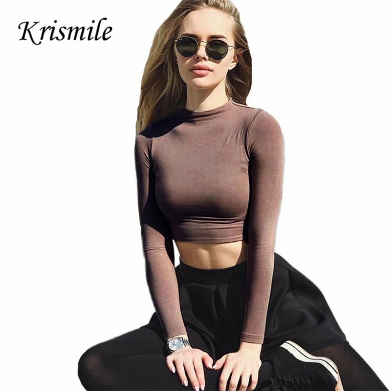 Women Tight Cropped Tops Long Sleeves O neck Cotton Tops Slim Pullover T Shirt Short Grey 