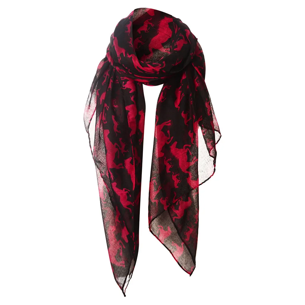 Рисунок лошадей, шарф, модный женский шарф с животными на ферме, шаль для шеи, мягкий палантин, хит, шарфы для женщин, осенне-зимний шелковый шарф, Bufanda Mujer - Цвет: Red