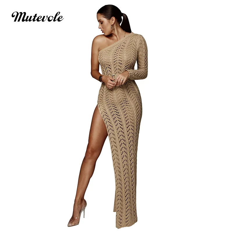 

Mutevole Sexy One Shoulder Hollow Out Maxi Dress Women Long Sleeve Knitted Sweater Irregular Dress See Through Mesh Split Dress