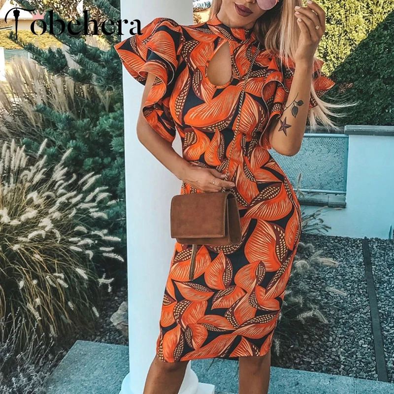 

Glamaker Elegant leaf print bodycon women dress Sexy ruffles sleeve hollow out slim midi dress Summer beach holiday casual dress