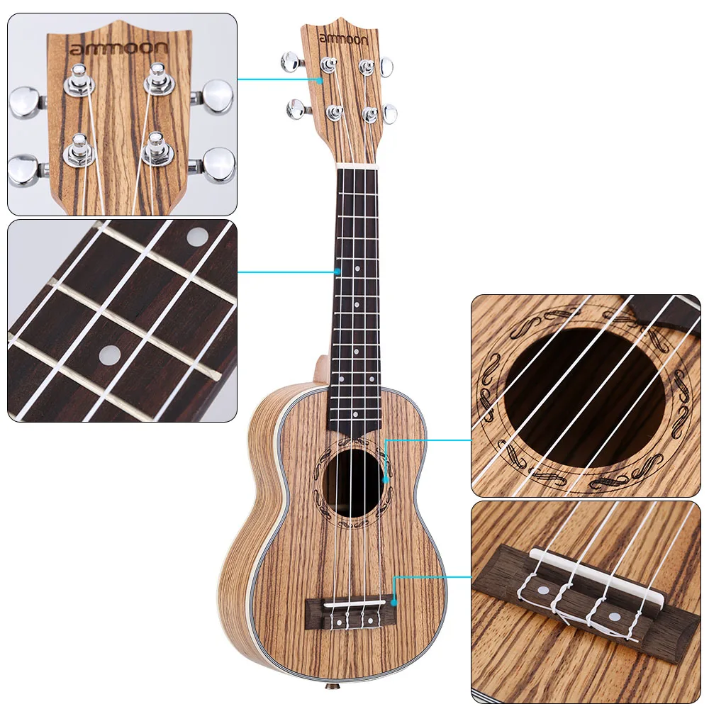 Ammoon 2" Гавайские гитары укулеле акустическая Ukelele Zebrawood 15 Лада 4 Строка Гавайские гитары укулеле 21" музыкальный струнный инструмент