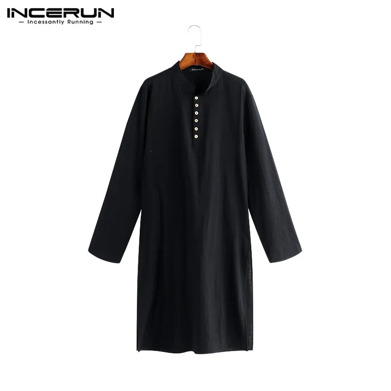 INCERUN, мужская рубашка со стоячим воротником, с длинным рукавом, в винтажном стиле, хлопок, на каждый день, одноцветная, длинная рубашка, топы для мужчин, пакистанский индийский костюм, S-5XL - Цвет: Black