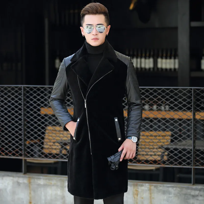 

Genuine Sheepskin Leather Jacket Men Sheep Shearing Real Wool Fur Coat Autumn Winter Long Mens Leather Jackets 16019 KJ2184