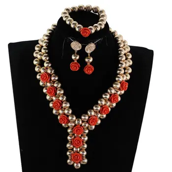 

Exclusive Handmade Weaved Gold Beads Dubai Costume Jewelry Set Red Rose Flower Chunky Statement Necklace Set Bride WE191