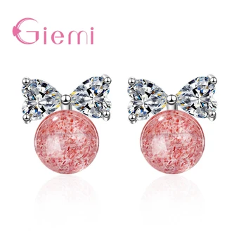 

Warm Elegant Symbol Pink Ball Opal Clear Bow Cubic Zirconia 925 Sterling Silver Stud Earrings Trendy Women Essential