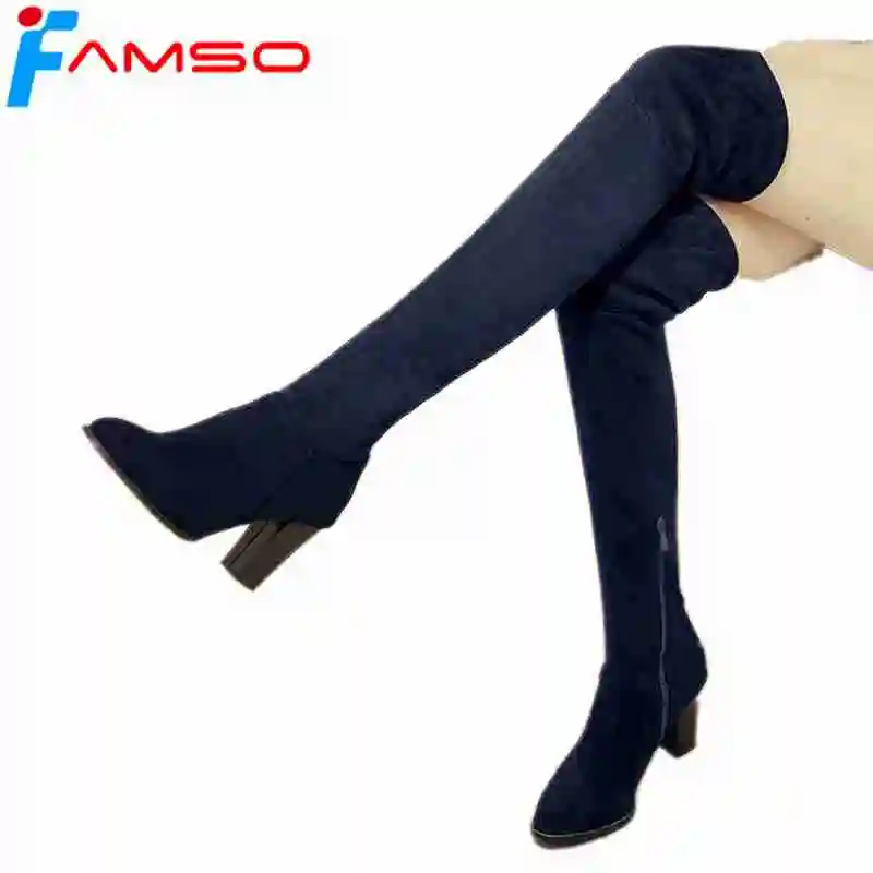 

FAMSO 2018 Shoes Women Boots Black Blue red Thigh High Boots Zipper High Heels Motorcycle Boots Winter Keep Warm Snow Boots