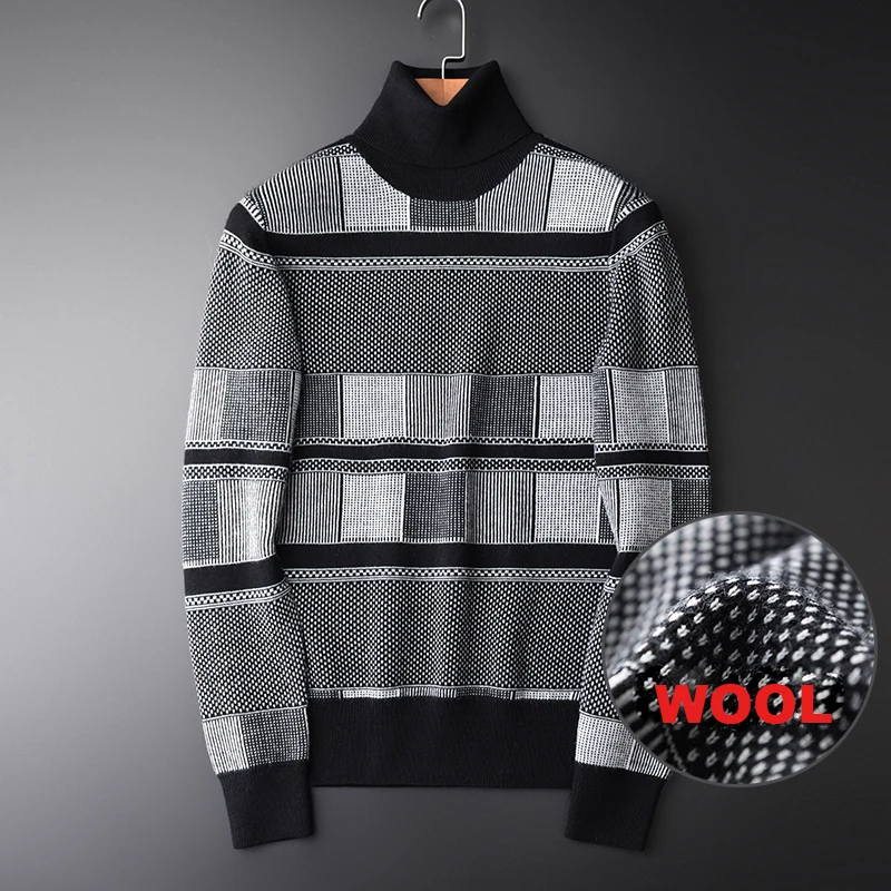 

Minglu Men Turtleneck Sweater Luxury Wool Blending Striped Mens Sweaters Plus Size 4xl Hight Quality Slim Fit Sweater Man Winter