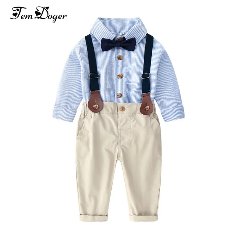 Tem doger/комплект одежды для мальчиков года, комплект одежды для маленьких мальчиков рубашка с длинными рукавами и галстуком+ комбинезон, комплект детской одежды из 2 предметов