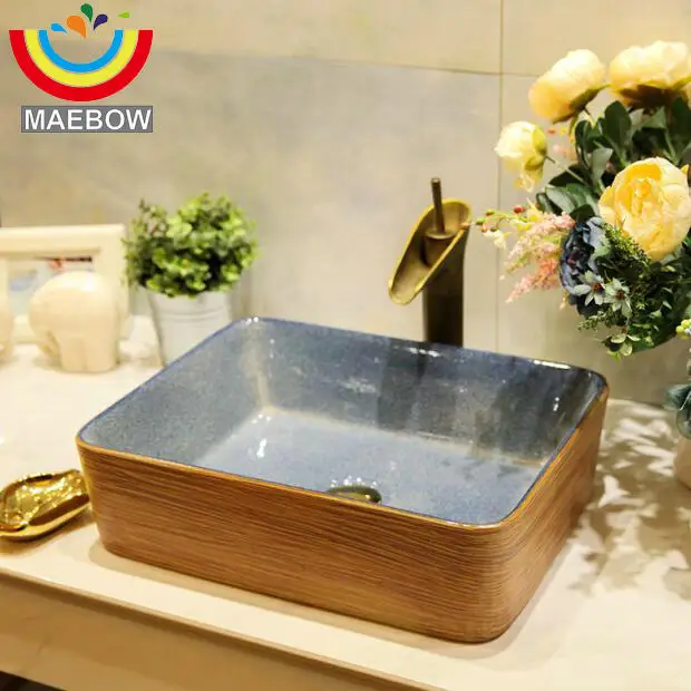 

Brief Industrial Style Engraved Lines Industy Rectangular Countertop Ceramic Bathroom Sink Wash Basin