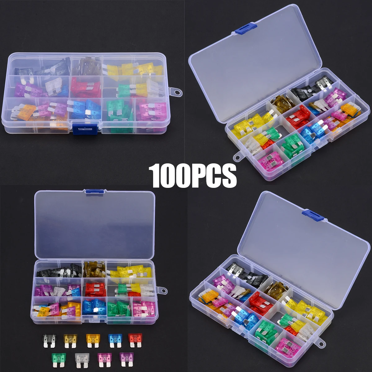 100pcs Auto Car Mini Standard Blade Fuses Assortment Kit Set ATC/ATO Automotive Car Boat Truck Blade Fuse Box Set with Box