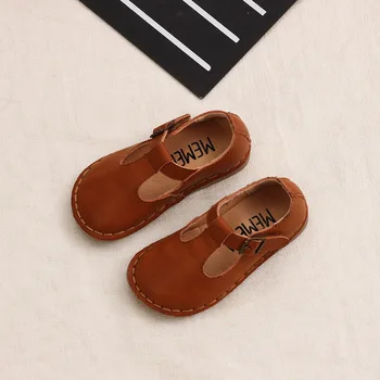

Spring 2019 New Kids Retro Leather Shoes Girls Soft-soled Genuine Leather Flats Mary Jane Style Baby Princess Brown Shoes 21-30