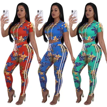

Tracksuit Women Summer Two Piece Sets Short Sleeve Floral Print Crop Top and Pants Ladies Streetwear Fashion Leisure Jogger Suit