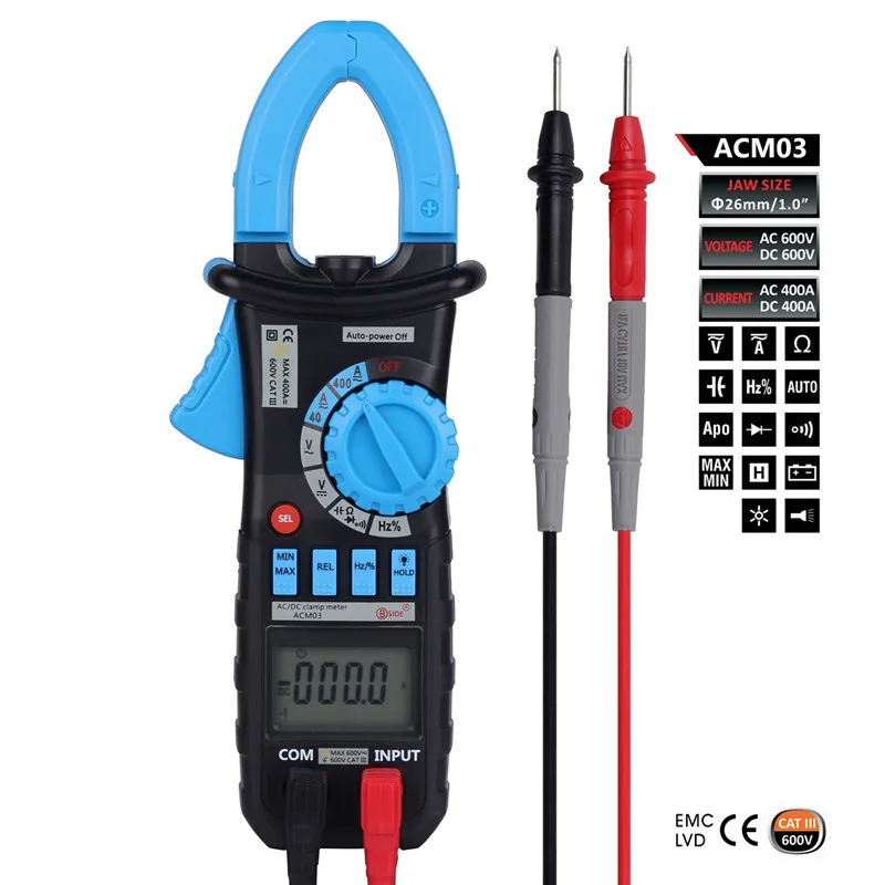 

Digital Multimeter ACM03 Amper Clamp Meter Current Clamp Pincers AC/DC Current Voltage Capacitor Resistance Hz Frequency Tester