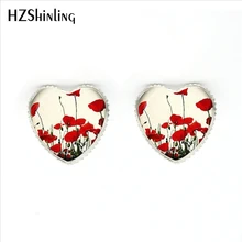 HER-0018, серьги в виде Маков, сердца, красный цветок, ювелирное изделие, стеклянный купол, сердце, серьги-гвоздики
