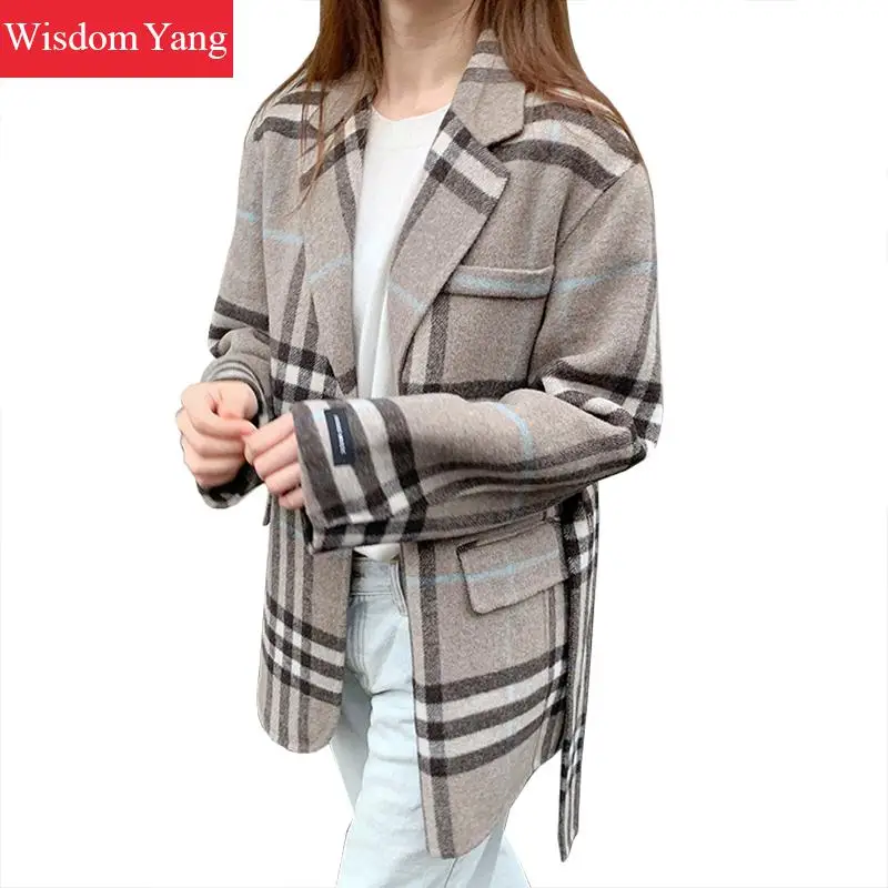 

Winter Coat Women Real Sheep Wool Cashmere Coats Grey Plaid Elegant Jackets Warm Hooded Korea Woolen Suit Overcoat Outerwear