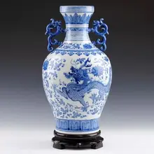 Цзиндэчжэнь керамика Высококачественная синяя и белая фарфоровая ваза двойное ухо Дракон-узор с вазой гостиная украшения дома ремесла