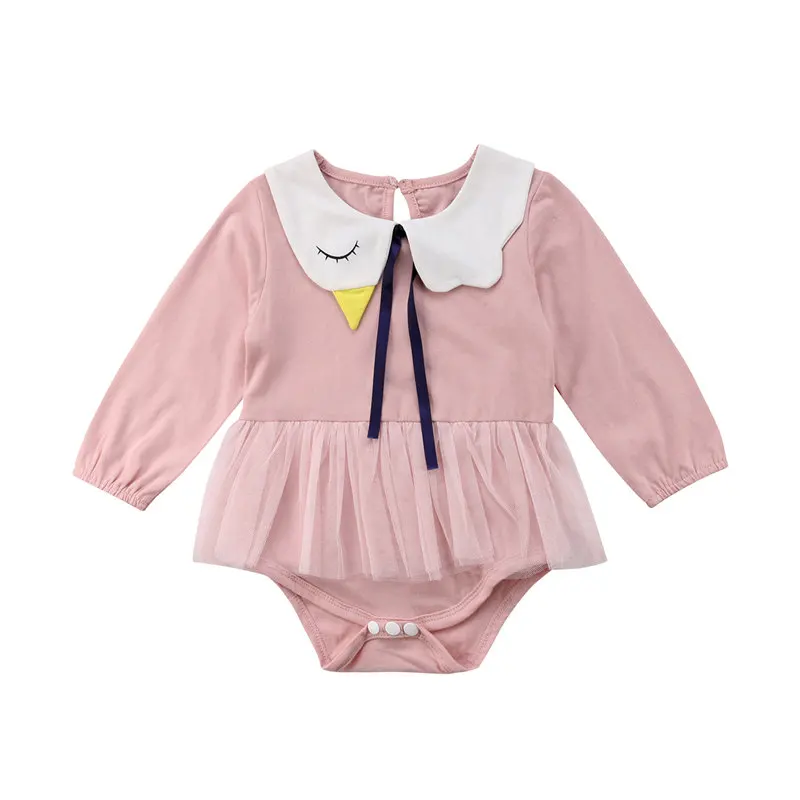 Милые Девушки боди детская одежда для новорожденных для маленьких девочек Лебедь воротник боди кружевные сетчатые платья розовый Одежда