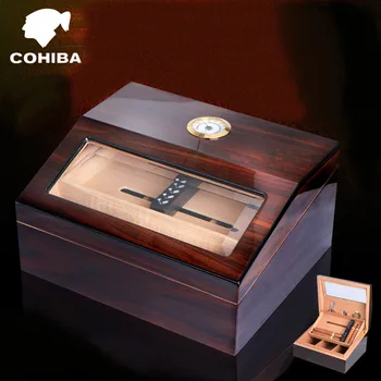 

Luxury See-through Glass Window High Glossy Finish Cuban Double-deck Cigar Humidor Nice Storage Box W/ Humidifier Hygrometer
