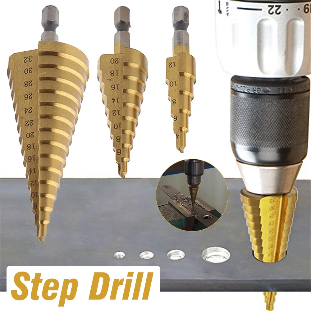 1/3 шт. ступенчатые сверла из быстрорежущей стали, набор, 4-12/4-20/4-32 мм шестигранный хвостовик Титан с металлическим покрытием Титан металлический конус сверла по металлу ящик для инструментов