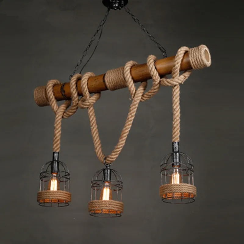 

American Country Retro Bamboo Three Head Rope Pendant Lights Industrial Bar Cafe Restaurant suspension luminaires Light