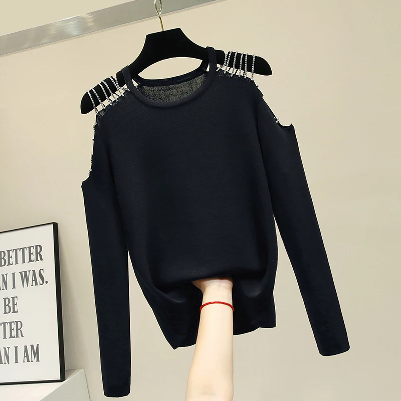 

2019 New Spring Autumn Long Sleeve Knitted Top for Women Diamond Chain Off The Shoulder Basic Tops Female Knitting Sweaters