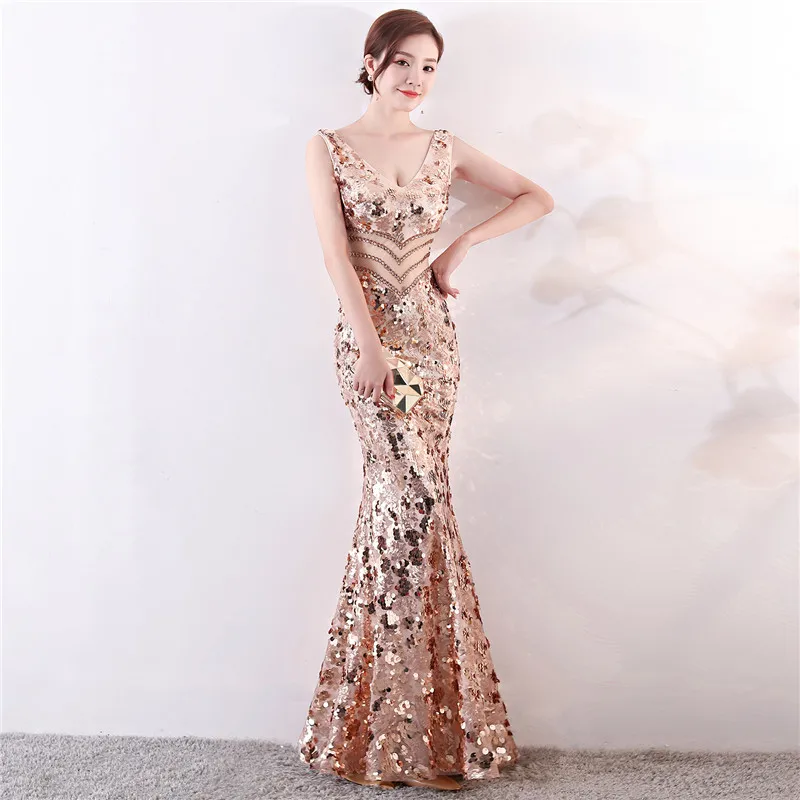 Фото Женское вечернее платье Memaid золотистое/серебристое с блестками и v-образным