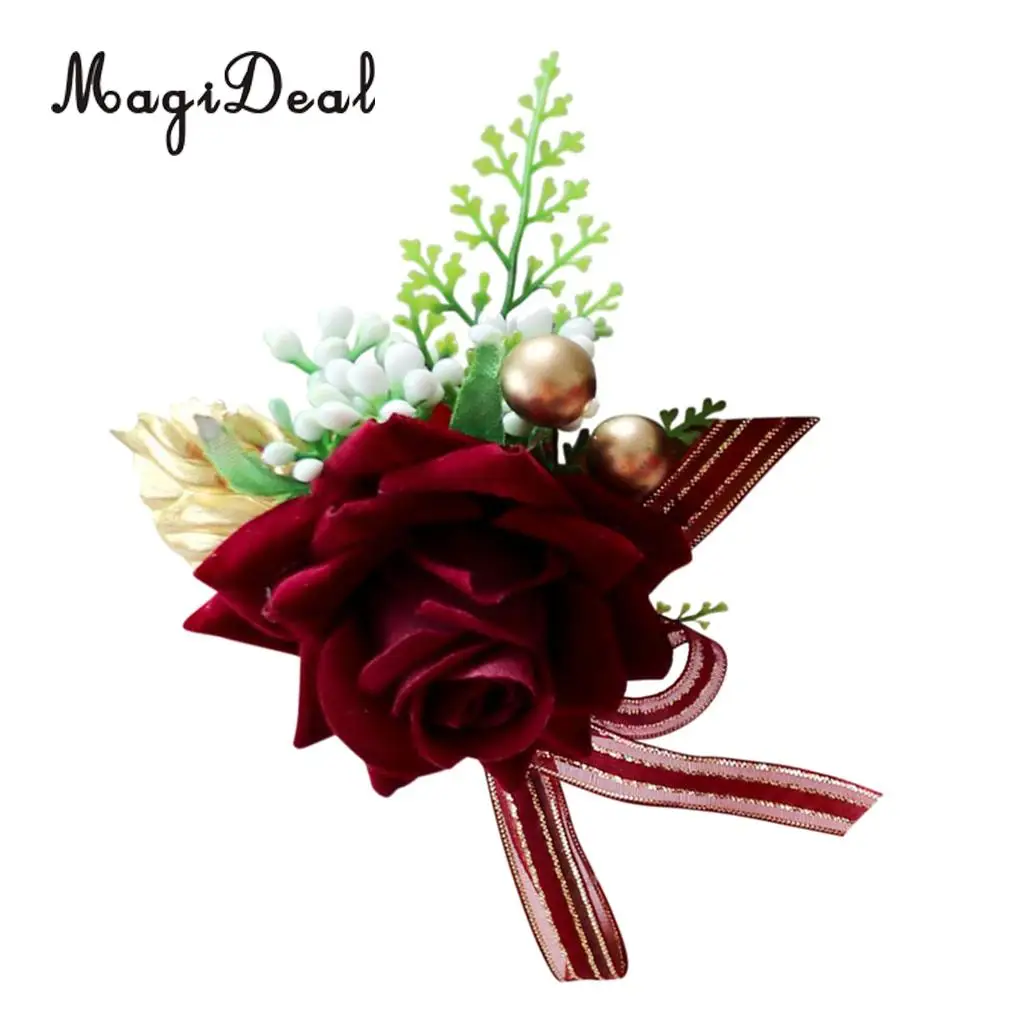 Romantic Artificial Rose Flower Pearls Wedding Corsage Boutonniere for Bridal Groom Fancy Dress