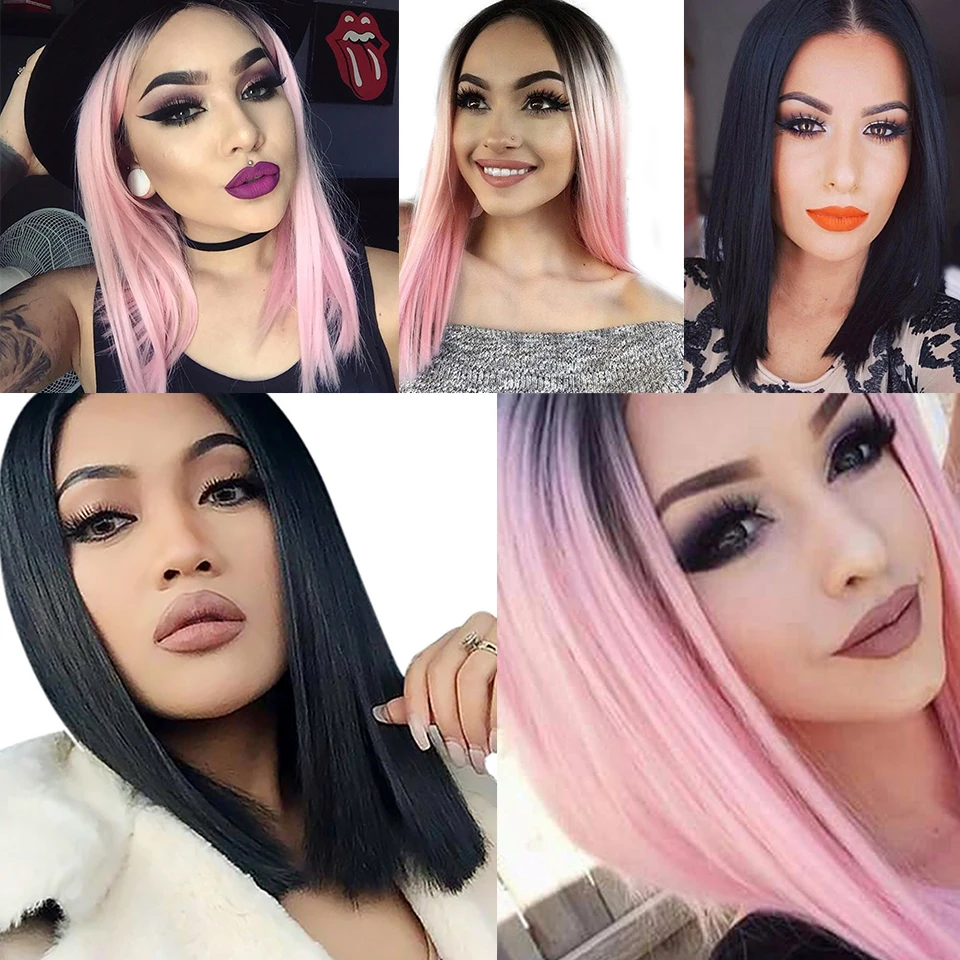 JINKAILI Ombre Pink Black Short Straight Heat Resistant Synthetic Hair Wig For Black/White Women Cosplay Party Bob Wigs JINKAILI Ombre Pink Black Short Straight Heat Resistant Synthetic Hair Wig For Black/White Women Cosplay Party Bob Wigs