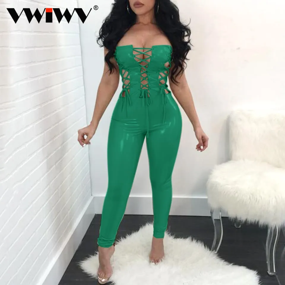 VWIWV сексуальный комбинезон из искусственной кожи с вырезами и завязками на шнуровке женские обтягивающие женские комбинезоны с открытыми плечами вечерние Клубные комбинезоны с открытой спиной - Цвет: Green Jumpsuit